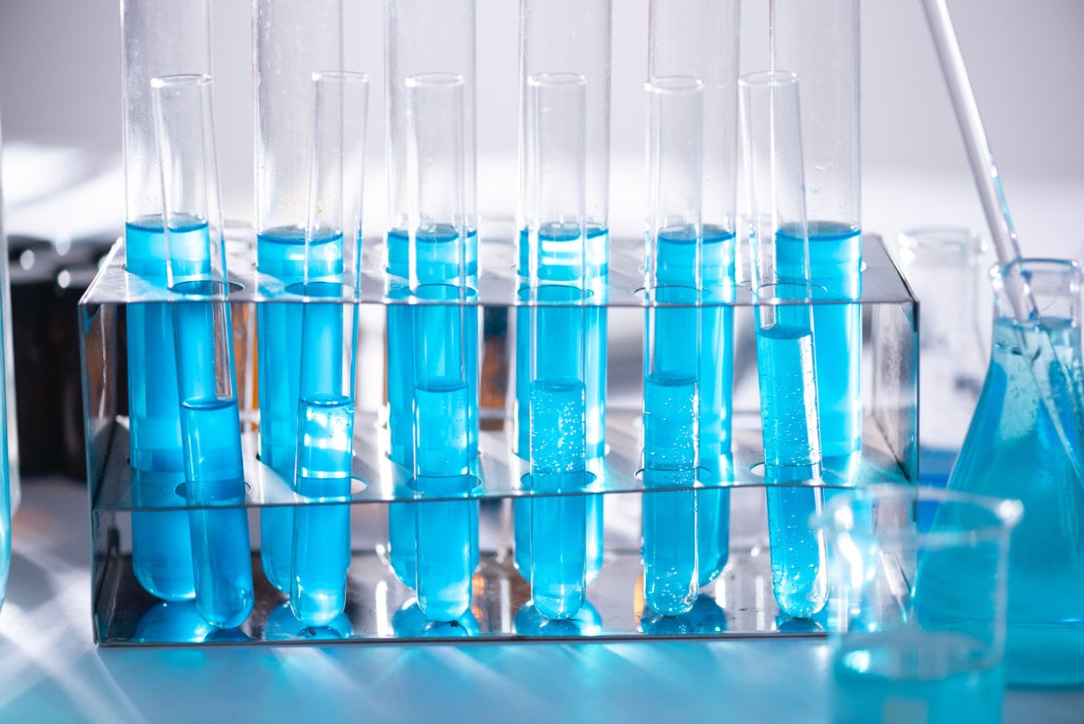 test tubes with blue liquid
