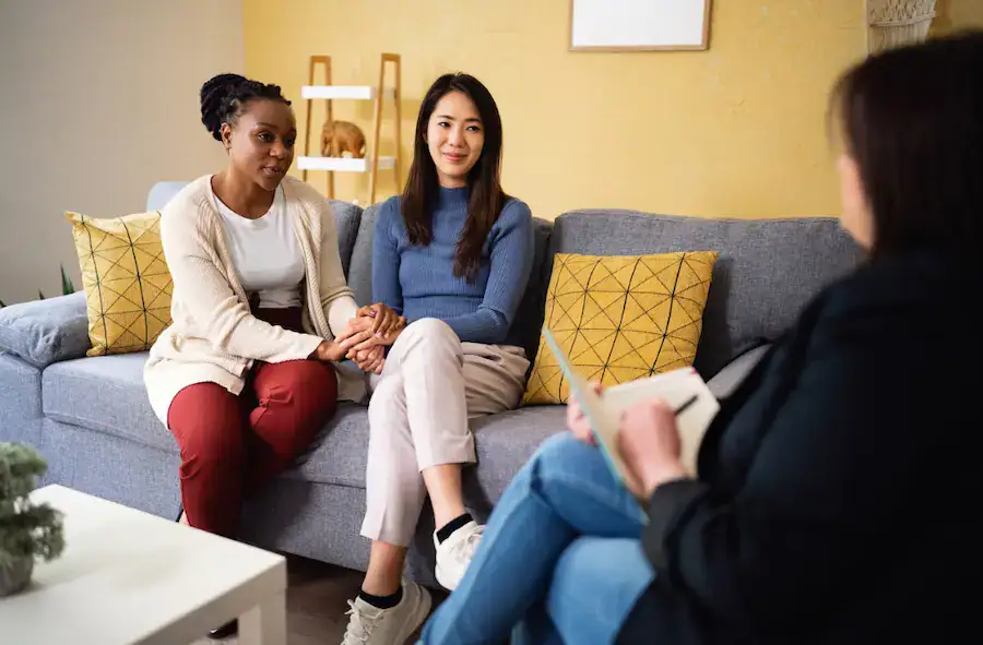 lesbian couple discussing directed donor contract