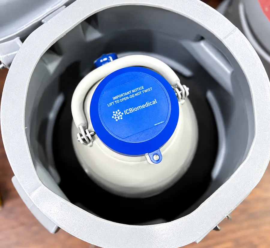 dry shipper containing donor sperm vials from cryobank america